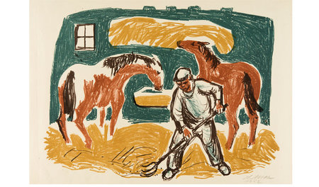 Im Pferdestall (1952), Farblithografie (Kreide) von vier Steinen... Im Pferdestall (1952), Farblithografie (Kreide) von vier Steinen...