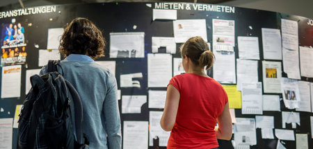 Studentinnen betrachten Wohnungsanzeigen am Schwarzen Brett der ...