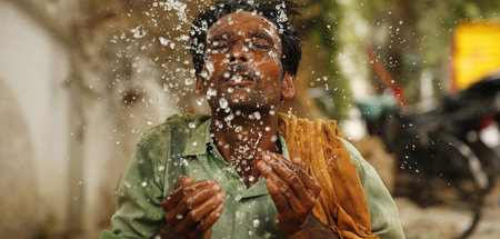 Ein Arbeiter im indischen Prayagraj erfrischt sich bei 48 Grad i...