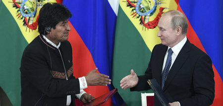 Evo Morales (li.) und Wladimir Putin am Donnerstag in Moskau