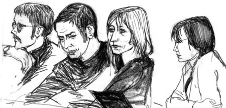 Die Angeklagten Jan-Carl Raspe, Andreas Baader, Gudrun Ensslin u...