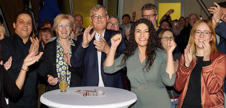 Noch mal gutgegangen: Bernd Riexinger und Spitzenkandidatin Cans...