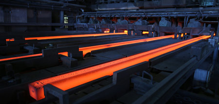 Glühende »Stahlknüppel« in der Stahlwerkshalle von Arcelor-Mitta