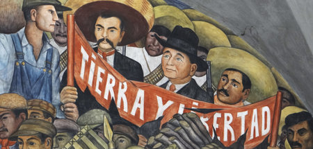 Ein Ausschnitt aus Diego Riveras Wandgemälde »Geschichte Mexikos...