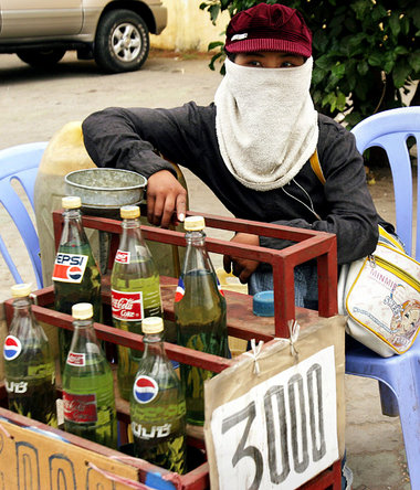Marktwirtschaft: Straßenhändlerin in Phnom Penh verkauft Benzin ...