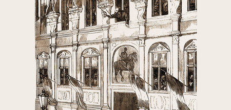 Der französische Politiker Gambetta verkündet aus einem Fenster ...