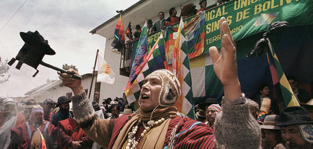 Felipe Quispe Huanca bei einer Zusammenkunft der Indigenenbewegu...