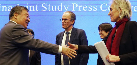 Liang Wannian (l.), Peter Ben Embarek (M.) und Marion Koopmans (...
