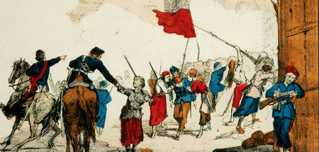 Barrikade auf der Place Blanche, die von Frauen verteidigt wurde... Barrikade auf der Place Blanche, die von Frauen verteidigt wurde...