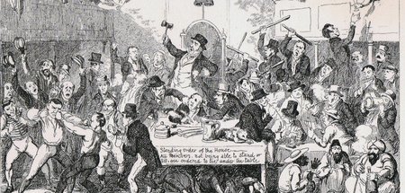 Das britische Unterhaus im Jahr 1843, Karikatur von George Cruik...