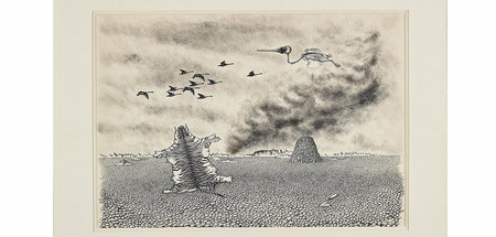 Toyen: »Verstecke dich, Krieg!« (1944, Tusche auf Papier, 39 x 5...