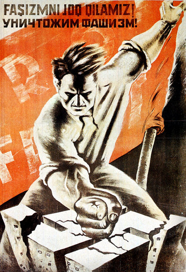 »Vernichten wir den Faschismus!« Sowjetisches Plakat in usbekisc... »Vernichten wir den Faschismus!« Sowjetisches Plakat in usbekisc...