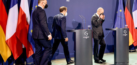 Duda, Macron und Scholz (v. l. n. r.) nach dem Dreiergipfel am D...