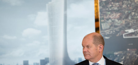 Der damalige Hamburger Bürgermeister Olaf Scholz auf einer Press...