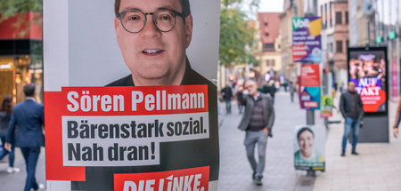 Wahlplakat mit Sören Pellmann in der Leipziger Innenstadt