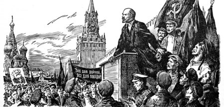 Illustration zu einer Kundgebung mit Lenin auf dem Roten Platz i...
