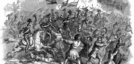 Revolution in Preußen 1848: Truppen attackieren eine Menschenmen...