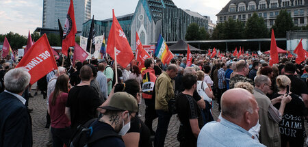 Anhänger von Die Linke unter den Teilnehmenden einer Kundgebung ...