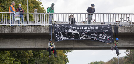 Blockadeaktion von Waldschutzaktivisten an einer Brücke im Stadt...