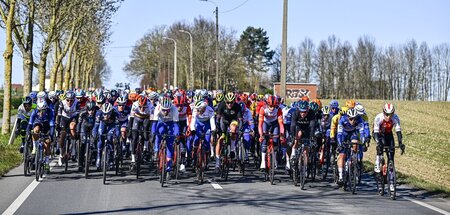 Noch auf asphaltierter Straße: Das Peleton beim Kopfsteinpflaste...