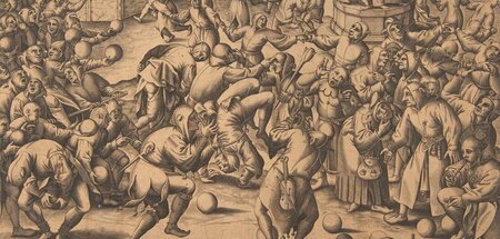 »Das Narrenfest«, Kupferstich von Pieter van der Heyden nach Mot...