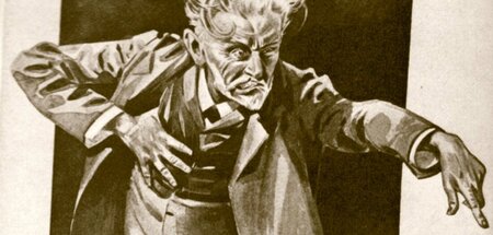 August Bebel als Reichstagsredner, dargestellt in einer Karikatu...