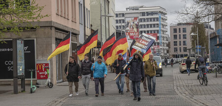 Kaum Leute, viele Fahnen: Teilnehmer der AfD-Kundgebung am Sonna...