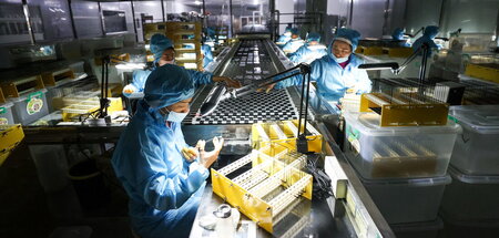 Beschäftigte an der Produktionslinie für Glasplatten von Mobilte... Beschäftigte an der Produktionslinie für Glasplatten von Mobilte...