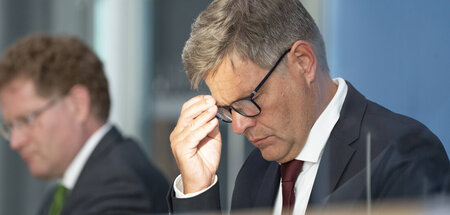 Bundeswirtschaftsminister Robert Habeck (r.) neben seinem Staats...