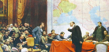 Darstellung Lenins bei einer Diskussion über den ersten Plan zur...