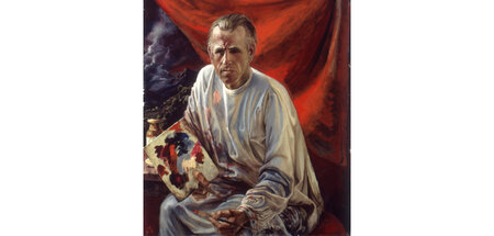 Otto Dix: Selbstbildnis mit Palette vor rotem Vorhang, Öl auf Ho...