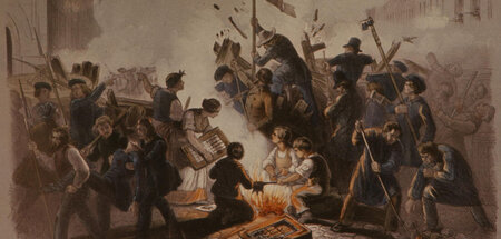 Die Barrikade an der Kronen- und Friedrichstraße in Berlin am 18...