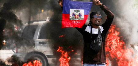 Ein Demonstrant mit haitianischer Flagge während eines Protests ...