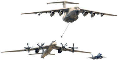 Der Langstreckenbomber TU-95 und das Tankflugzeug IL-76 gehören ...