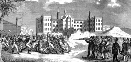 Holzstich des Ausbruchs der Revolution von 1848 in Berlin Holzstich des Ausbruchs der Revolution von 1848 in Berlin