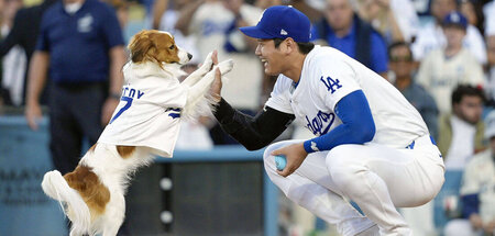 Ein Mann und sein Hund: Shohei Ohtani (r.) begrüßt Decoy