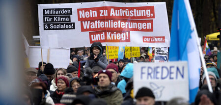 Die-Linke-Anhänger auf einer Friedensdemonstration am Brandenbur... Die-Linke-Anhänger auf einer Friedensdemonstration am Brandenbur...