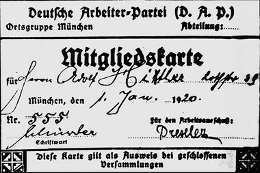 Hitlers DAP-Mitgliedsausweis, ausgestellt am 1. Januar 1920