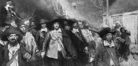 Nathaniel Bacon und seine Anhänger bei der Brandschatzung von Ja...