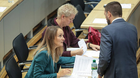 Im Gespräch: BSW-Fraktionsvize Claudia Wittig (vorne links) und ...