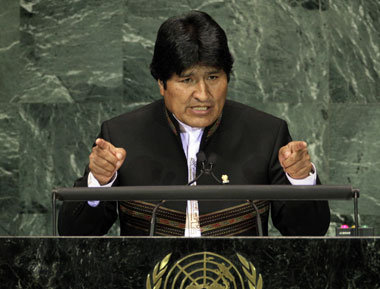 Boliviens Präsident Evo Morales während seiner Rede vor der UNO ...