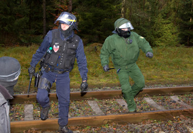 CRS-Beamte (l.) beim Castortransport im Wendland, 7.
November