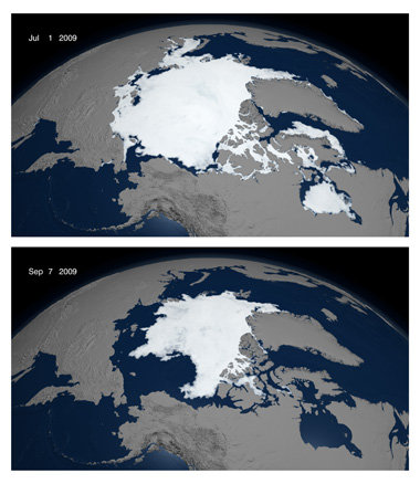 Soviel Eis schmolz im Sommer 2009 in der Arktis:
Satellitenaufna... Soviel Eis schmolz im Sommer 2009 in der Arktis:
Satellitenaufna...