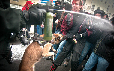 Brutaler Einsatz: mit Pfefferspray und Polizeihund gegen
friedli...