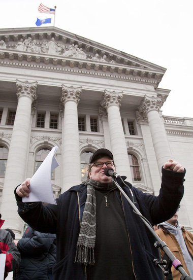 Michael Moore am Sonnabend vor dem Kapitol in
Madison/Wisconsin
