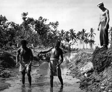 Bougainville im Februar 1944: Hilfsarbeiter besprühen stehende G...