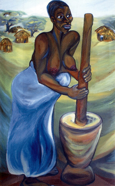 »Schwangere beim Maisstampfen«, Harald Heinke, Öl, 1981