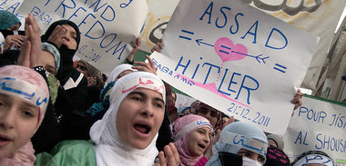 Demonstranten in Homs pr&auml;sentieren der Beobachterdelegation...