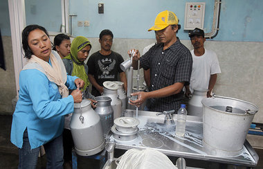 Indonesische Farmer liefern Milch bei einer Nestl&eacute;-Molker...