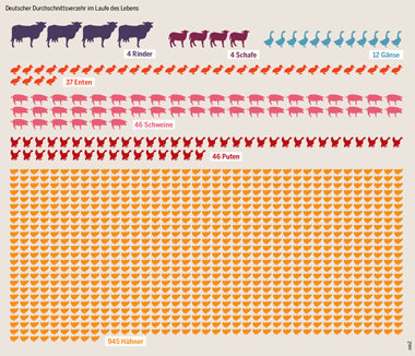 1094 Tiere i&szlig;t ein Deutscher durchschnittlich im Laufe sei...